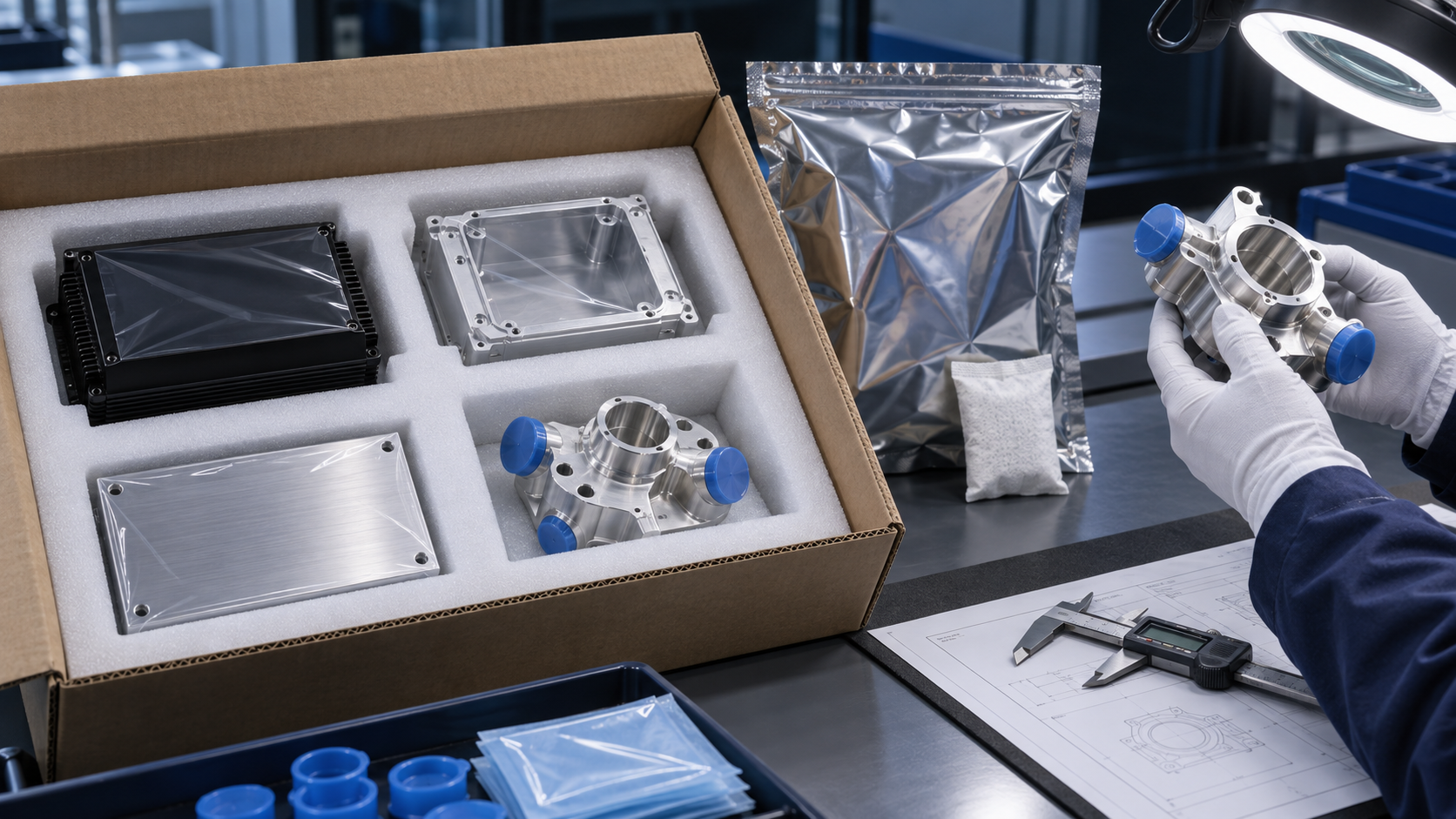 Cosmetic and precision aluminum components individually protected in clean custom packaging during inspection