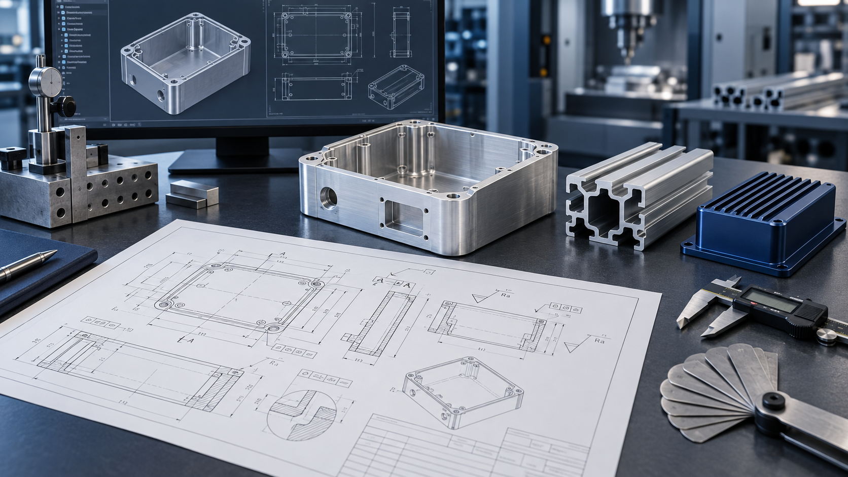 Aluminum component engineering drawing with CAD model machined enclosure custom extrusion anodized housing and inspection tools