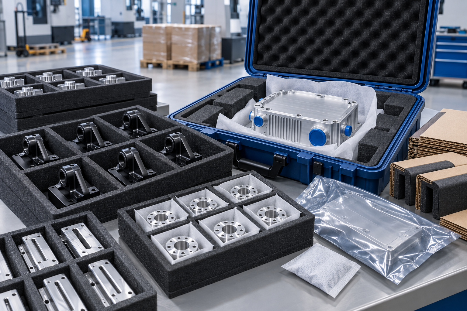 CNC and anodized aluminum parts separated in custom trays with barrier bag caps desiccant and shipping case
