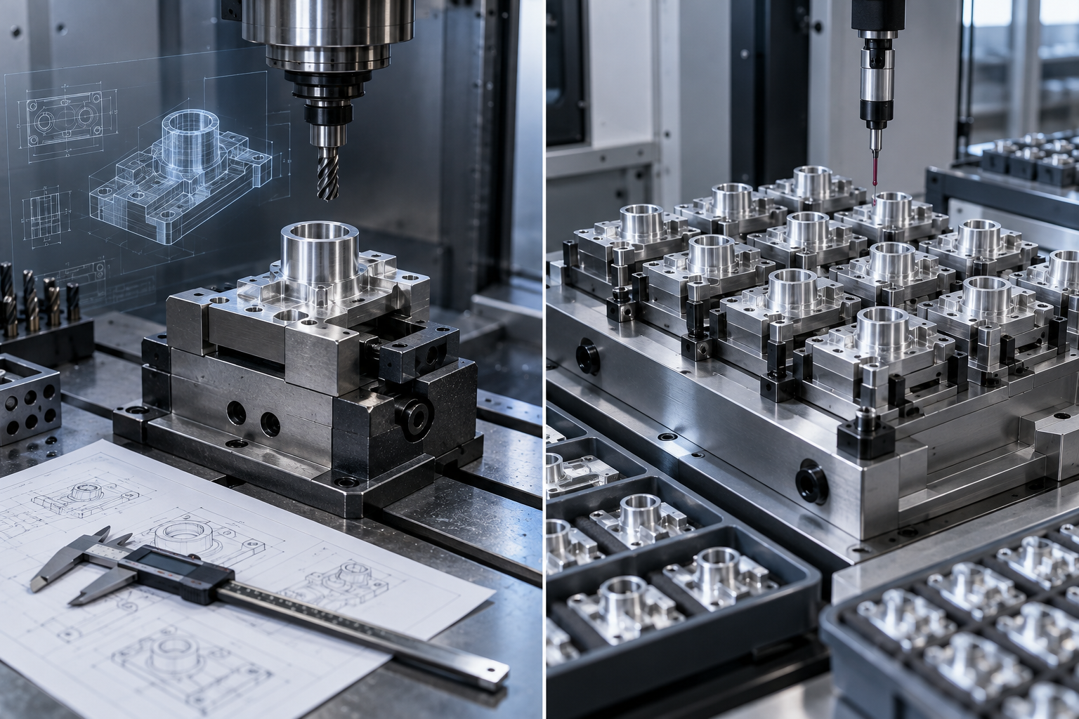 Conceptual comparison of one prototype aluminum CNC part and a controlled production batch