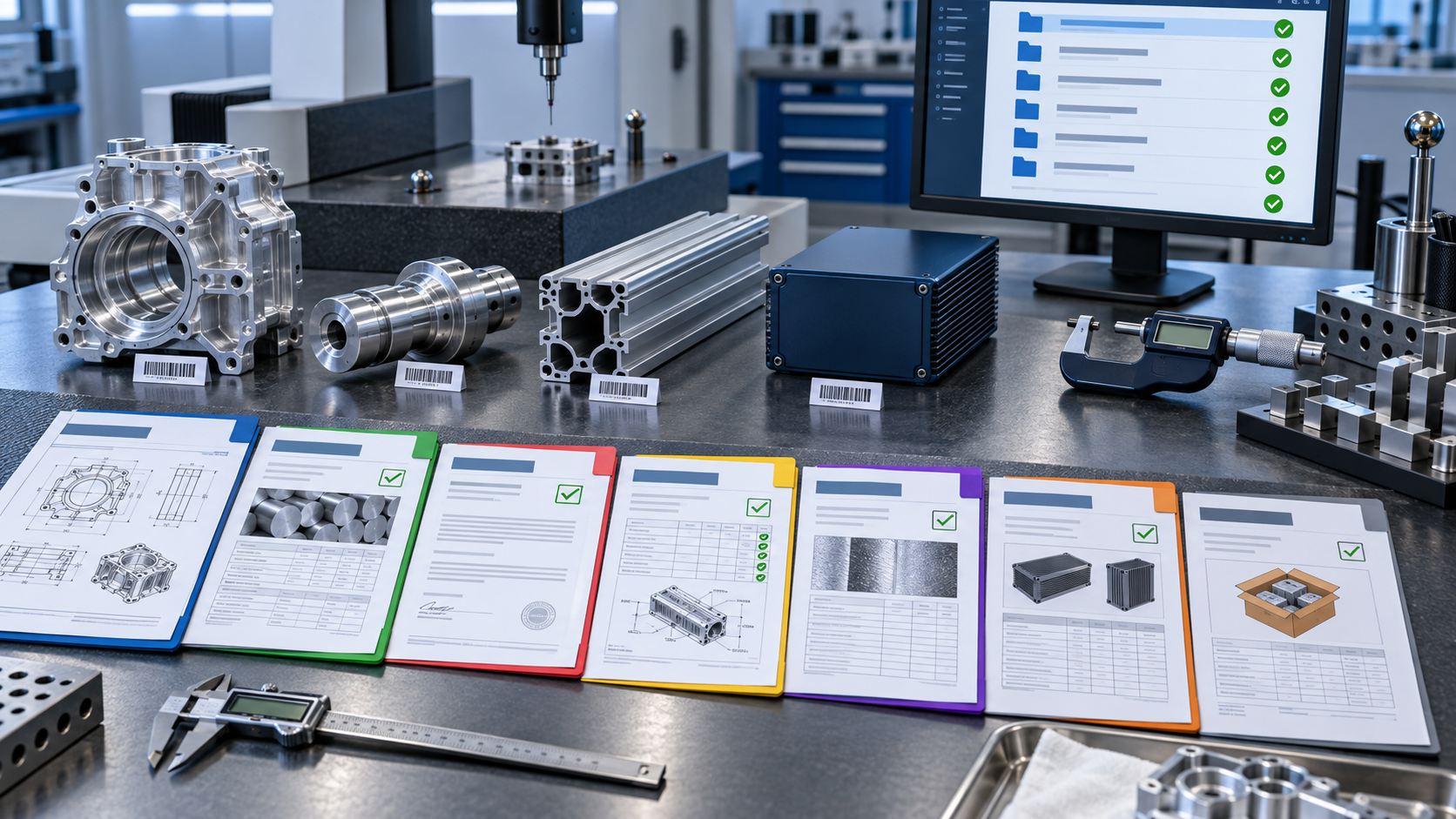 Precision aluminum components with controlled drawing material certificate inspection report finish certificate packing record and digital document index