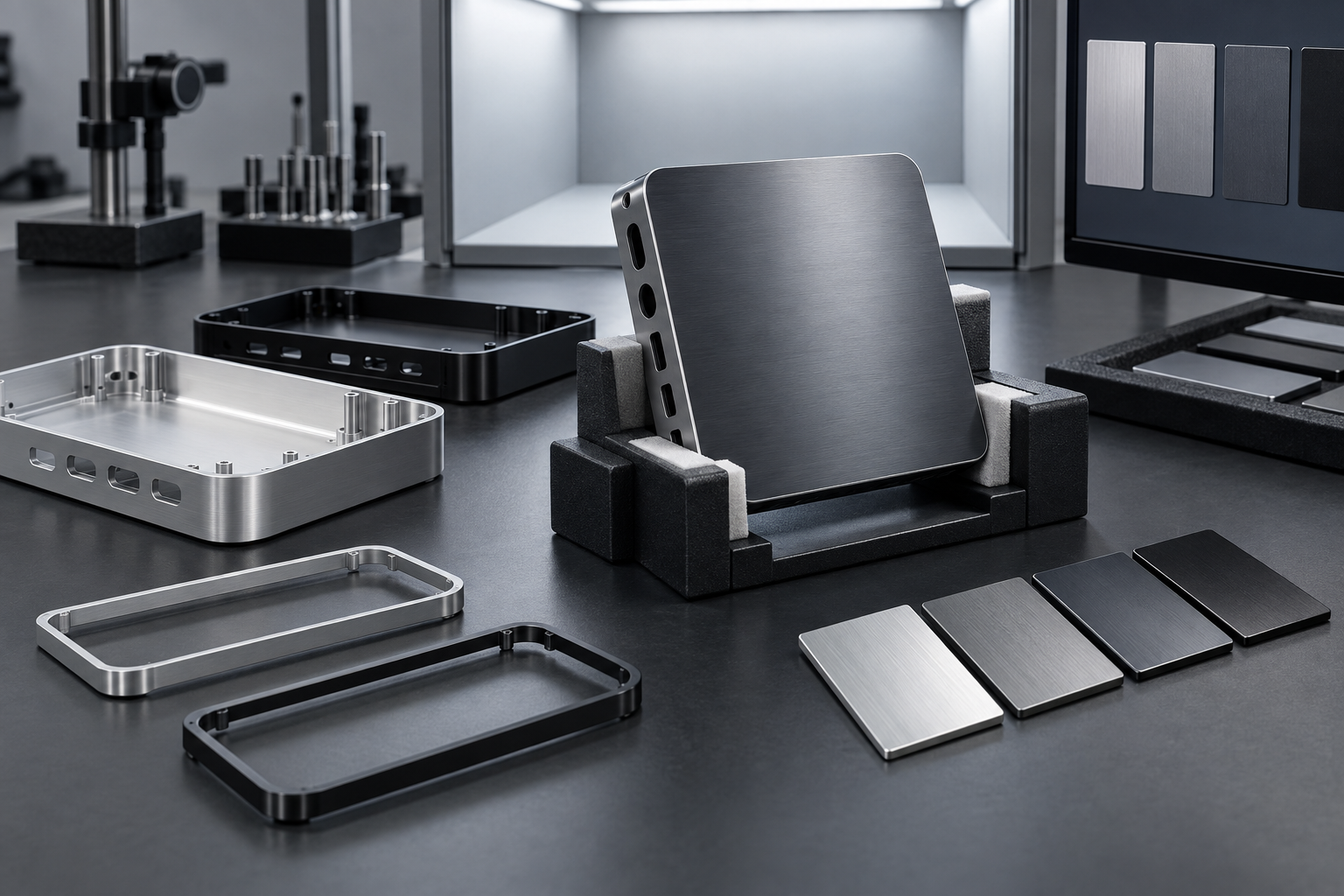 Premium anodized aluminum consumer electronics housings inspected with finish samples under controlled lighting