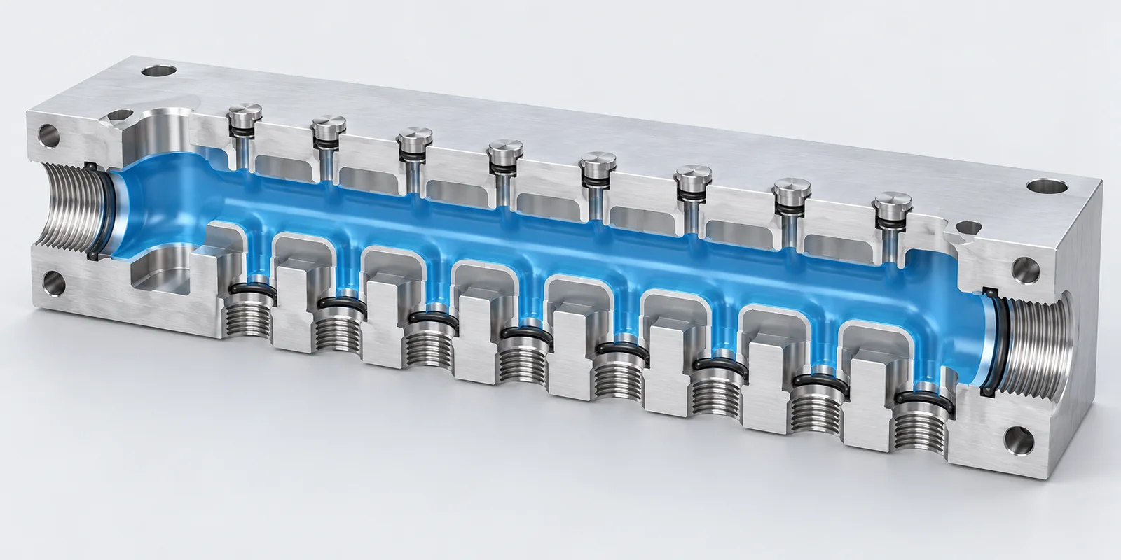Schematische Schnittdarstellung eines Flüssigkeitskühlungs-Verteilerblocks aus Aluminium