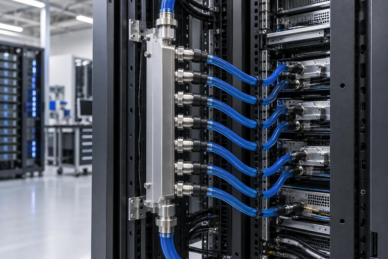 Maßgefertigter Flüssigkeitskühlverteiler aus Aluminium mit Abzweigschläuchen in einem Server-Rack
