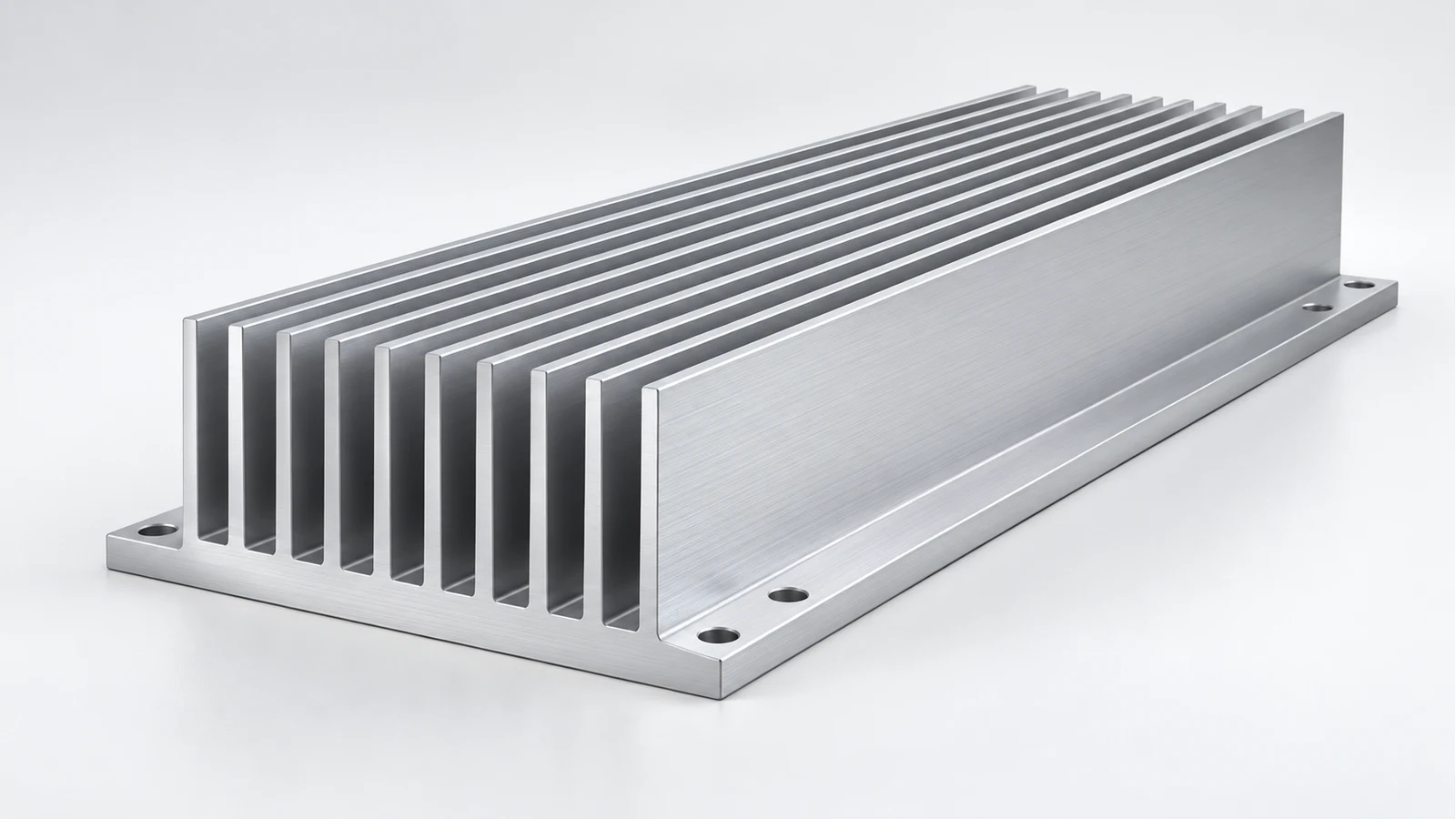 Konzept eines Aluminiumkühlkörpers mit durchgehenden parallelen Kühlrippen, einer integrierten Basis und gebohrten Befestigungsleisten