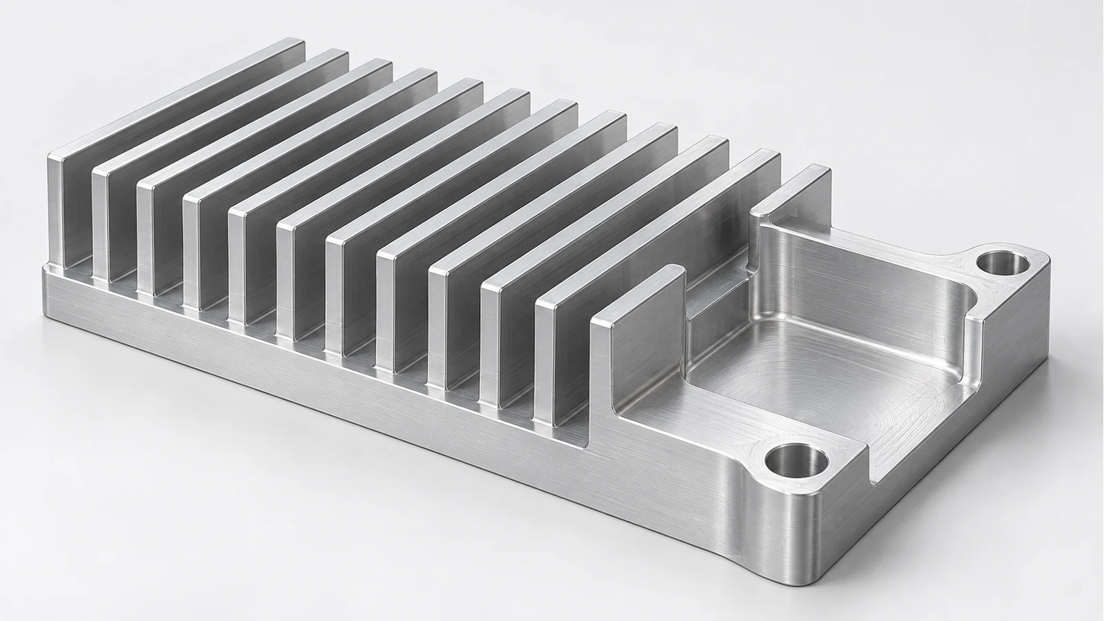 Konzept eines Aluminiumkühlkörpers mit paralleler Lamellenreihe, lokaler Aussparung und gebohrten Befestigungsösen