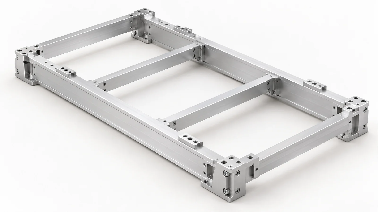 Konzept eines internen Aluminium-Serverrahmens mit verbundenen Längsschienen, Querträgern, Schraubverbindungen und Befestigungsplatten