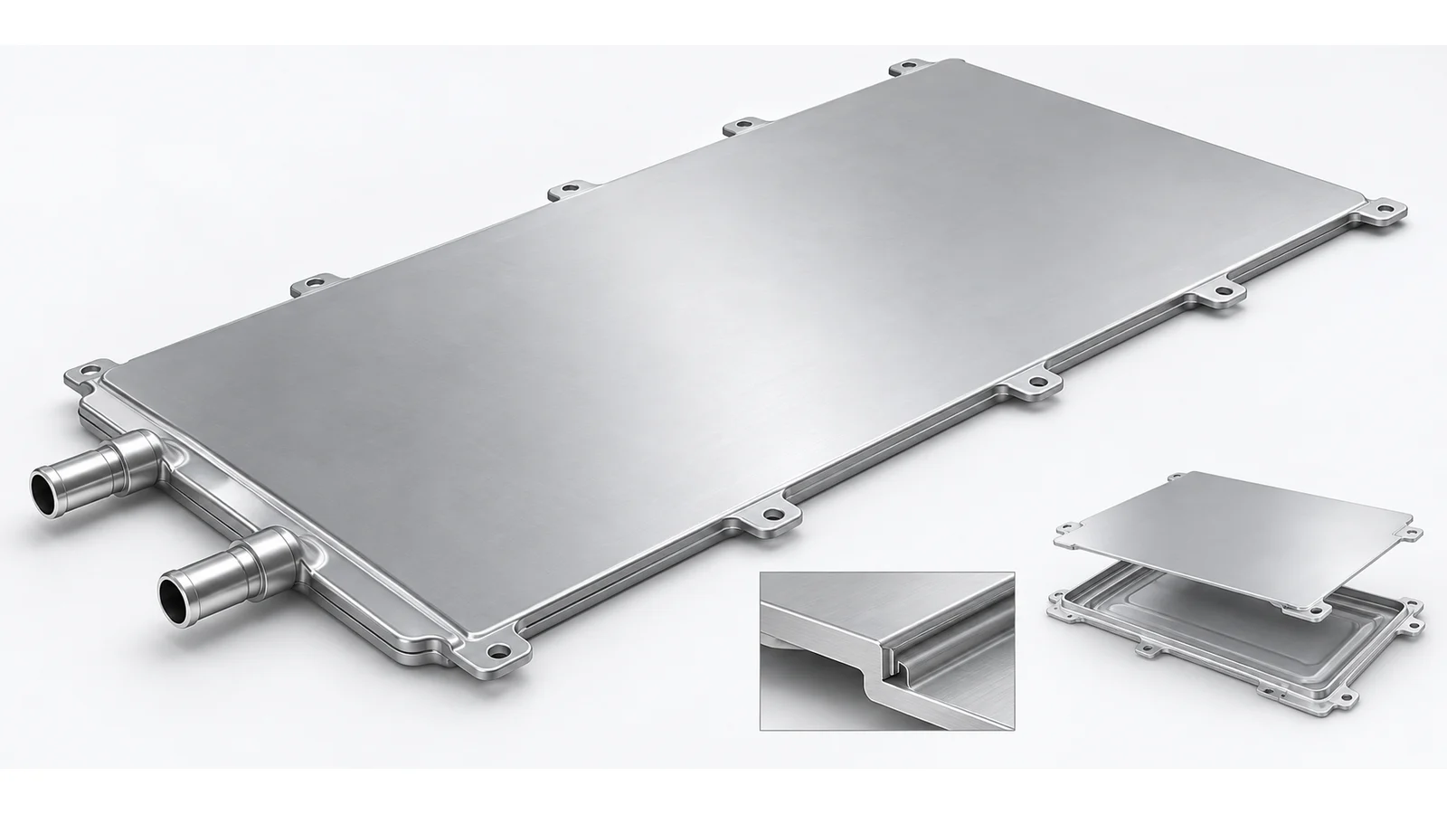 Konzept einer Kühlplatte aus Aluminium für Elektrofahrzeug-Batterien mit einer breiten Modulkontaktfläche und zwei Flüssigkeitsanschlüssen