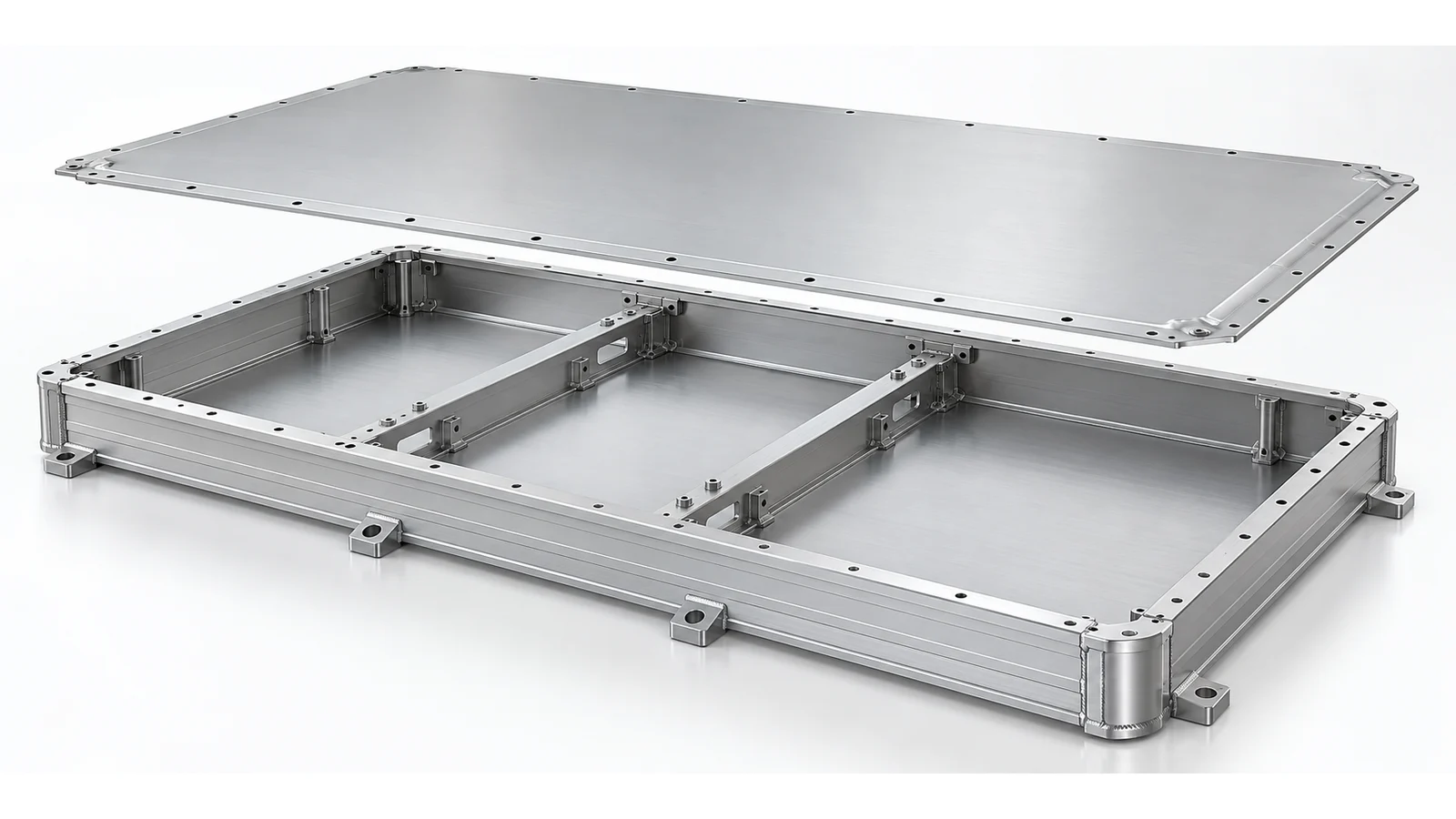 Konzept eines leeren Aluminiumgehäuses für eine Elektrofahrzeug-Batterie mit umlaufendem Rahmen, inneren Stützen und einer abnehmbaren Abdeckung