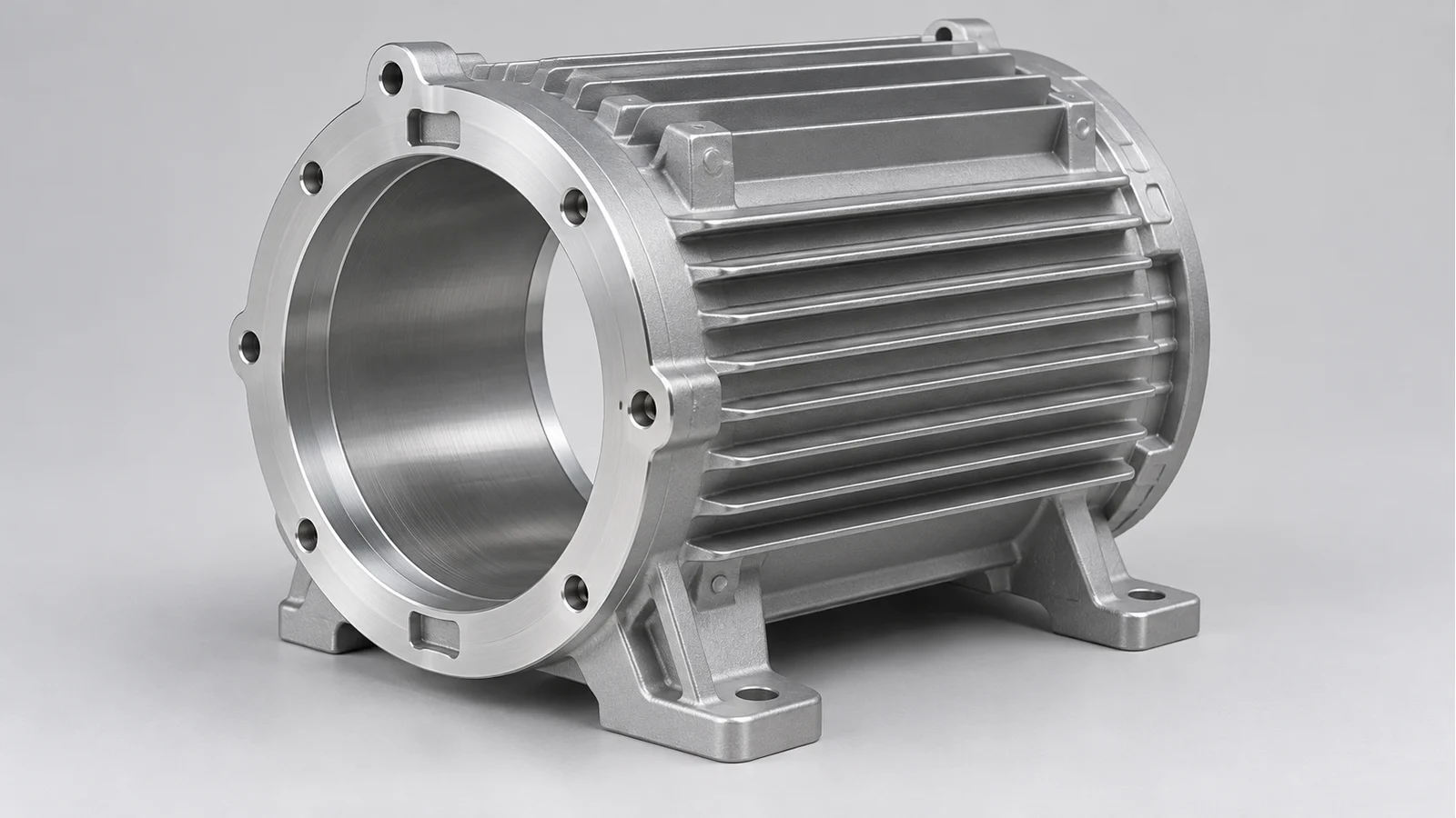 Konzept für ein Motorgehäuse aus Aluminium mit bearbeiteter Statorbohrung, Endschildausrichtung und externen Kühlrippen