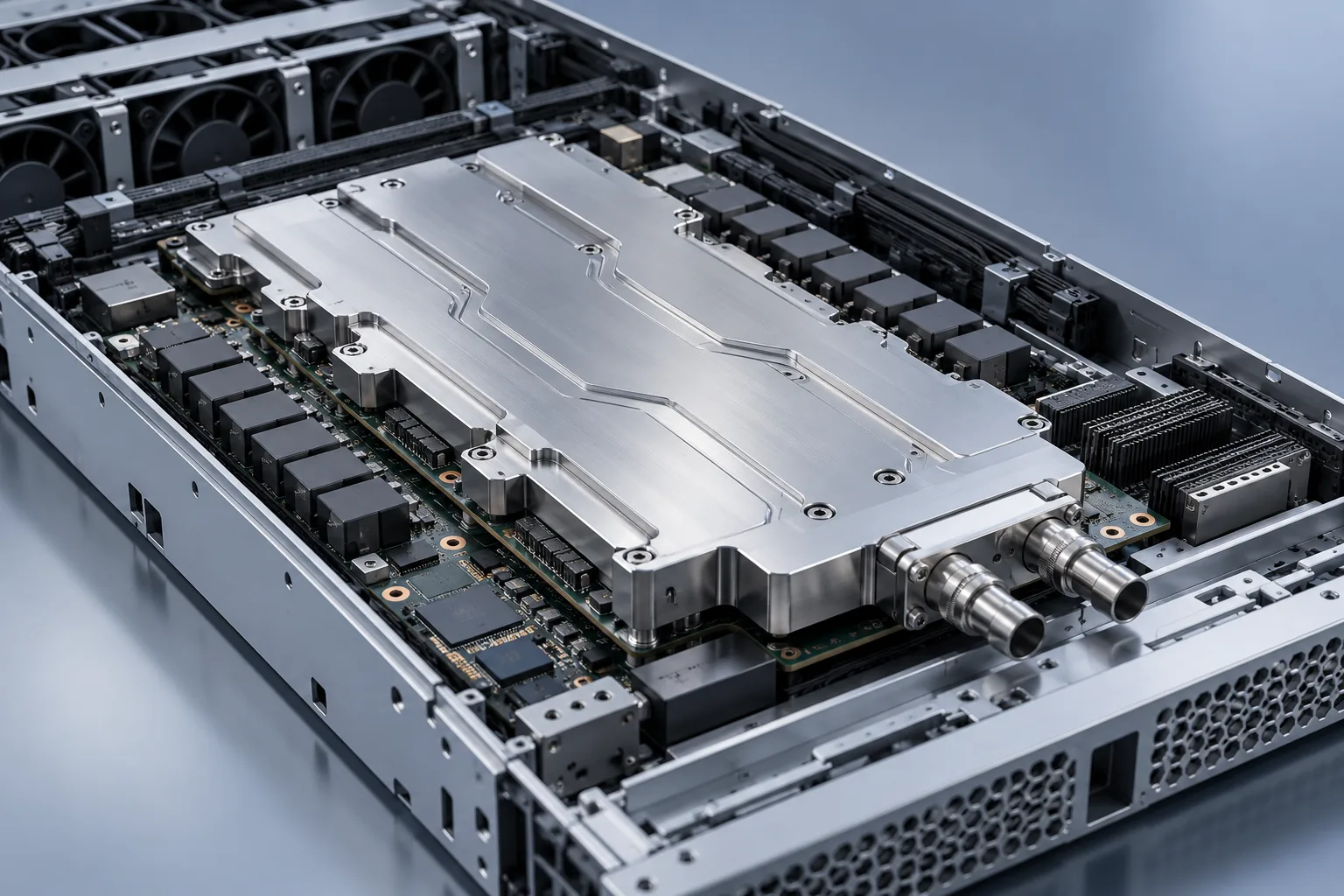 Konzept einer GPU-Kühlplatte aus Aluminium in einem Server-Einschub, mit Darstellung der umliegenden Komponenten, des Einbauraums und zweier Kühlmittelanschlüsse